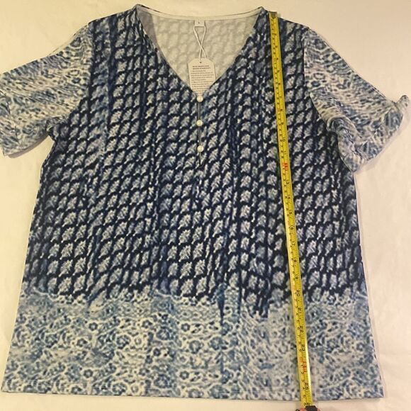 Browwin Blue Short Sleeve Print Top Cold Shoulder Size Large NWT NIB - Picture 6 of 8